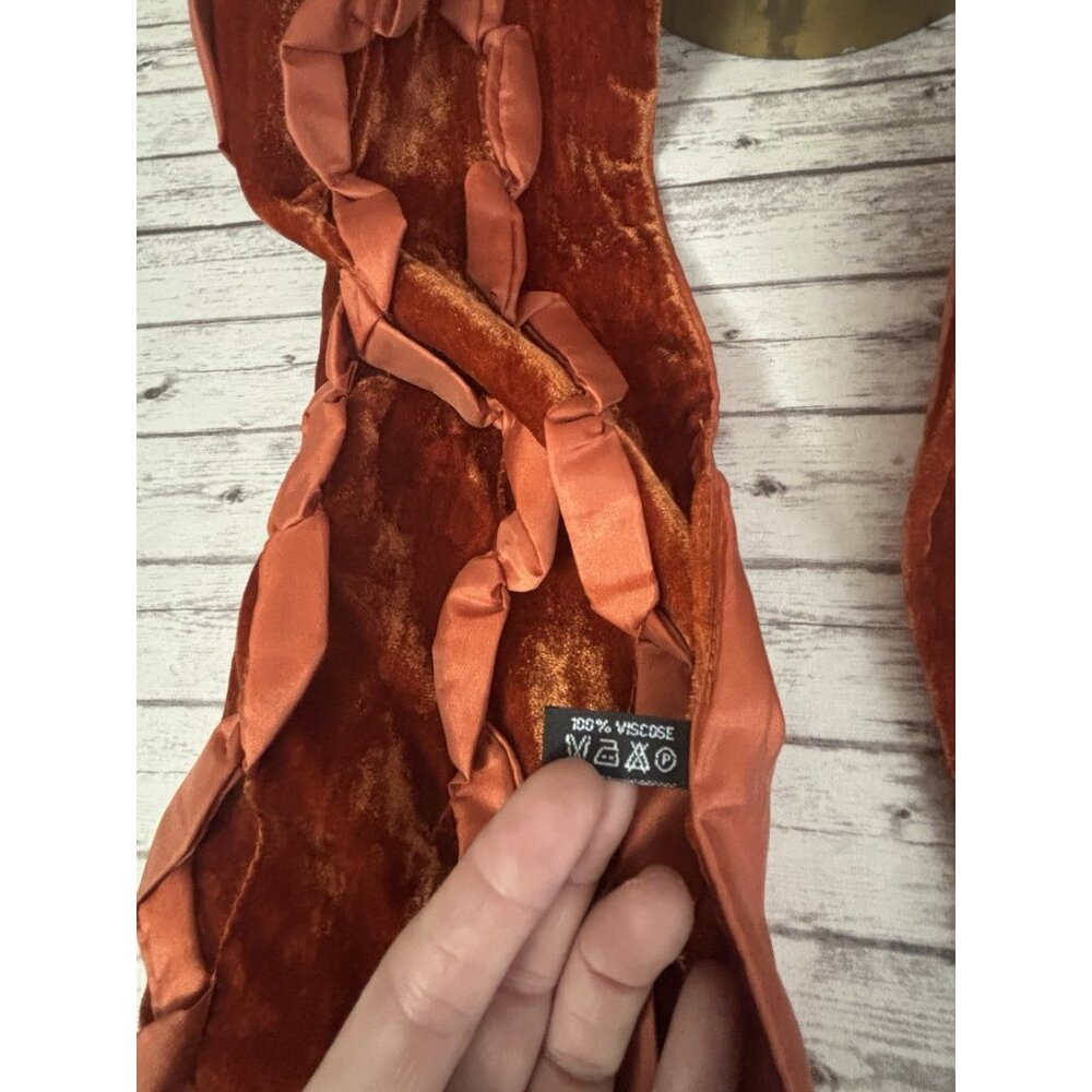 Vintage Y2k Burnt Orange Velvet Scarf Neck Fringe Boho Hippie Festive Holiday - Picture 8 of 10